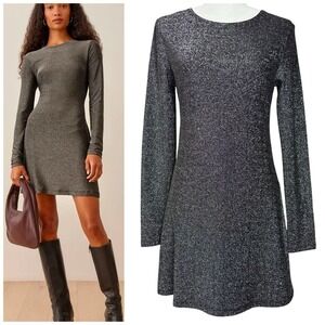 Reformation Dress M Riley Fit & Flare Long Sleeve‎ Metallic Dress Sparkly LBD